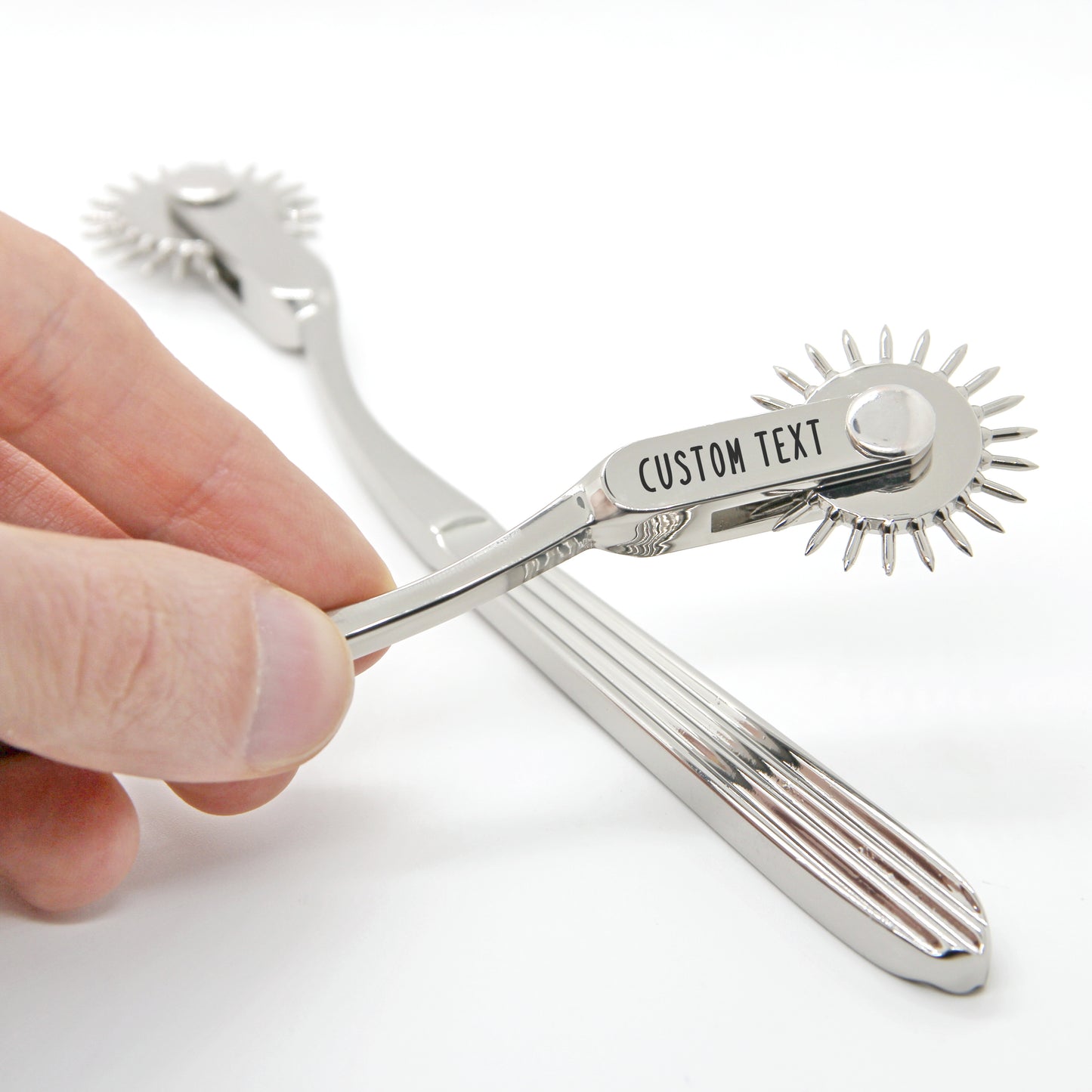 Engraved pinwheel custom personalized. Wartenberg wheel bdsm toy. Sex fetish gear gift. Metal sensation play. Tracing wheel marker leather
