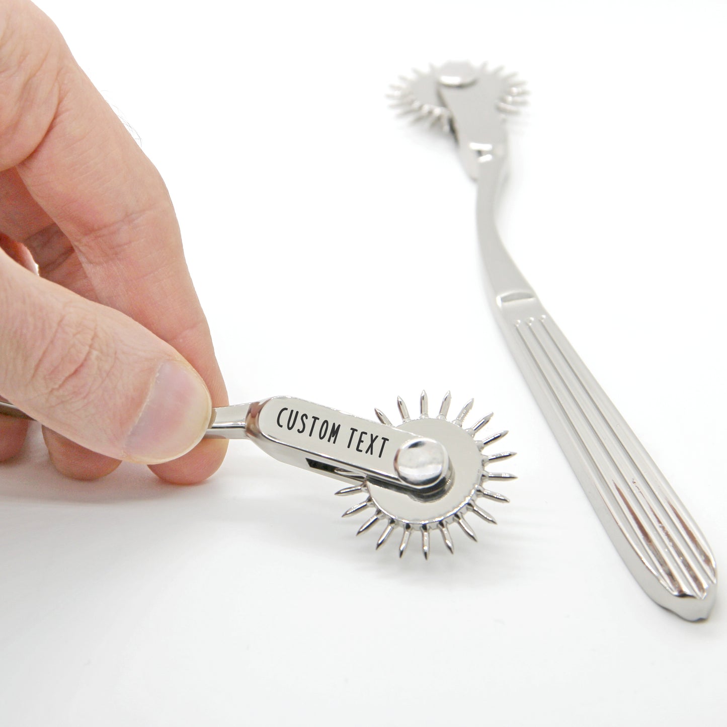 Engraved pinwheel custom personalized. Wartenberg wheel bdsm toy. Sex fetish gear gift. Metal sensation play. Tracing wheel marker leather