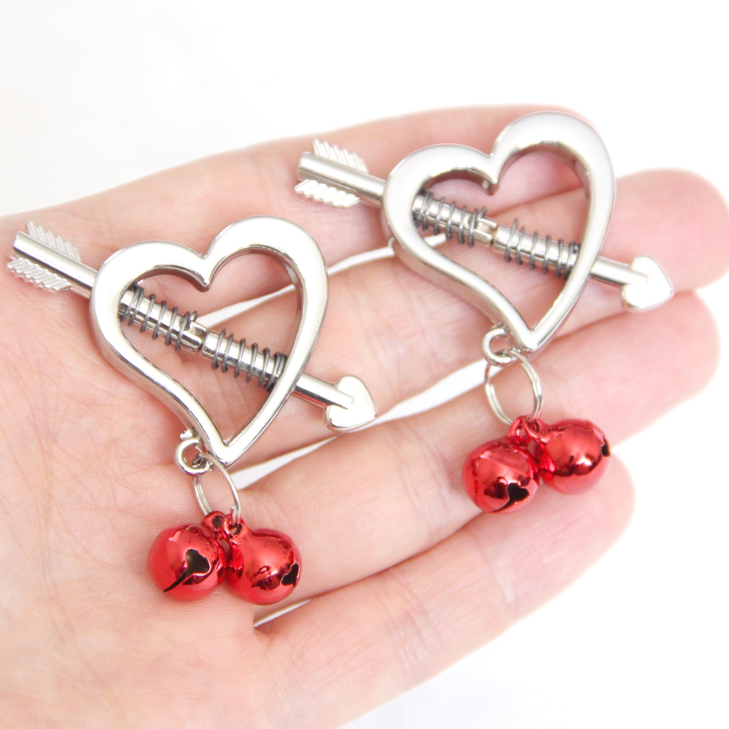 Nipple clamps custom engraved. Nipple jewelry Bdsm breast clips. Sex bells slave gift personalized adult. Metal heart women toys clamps