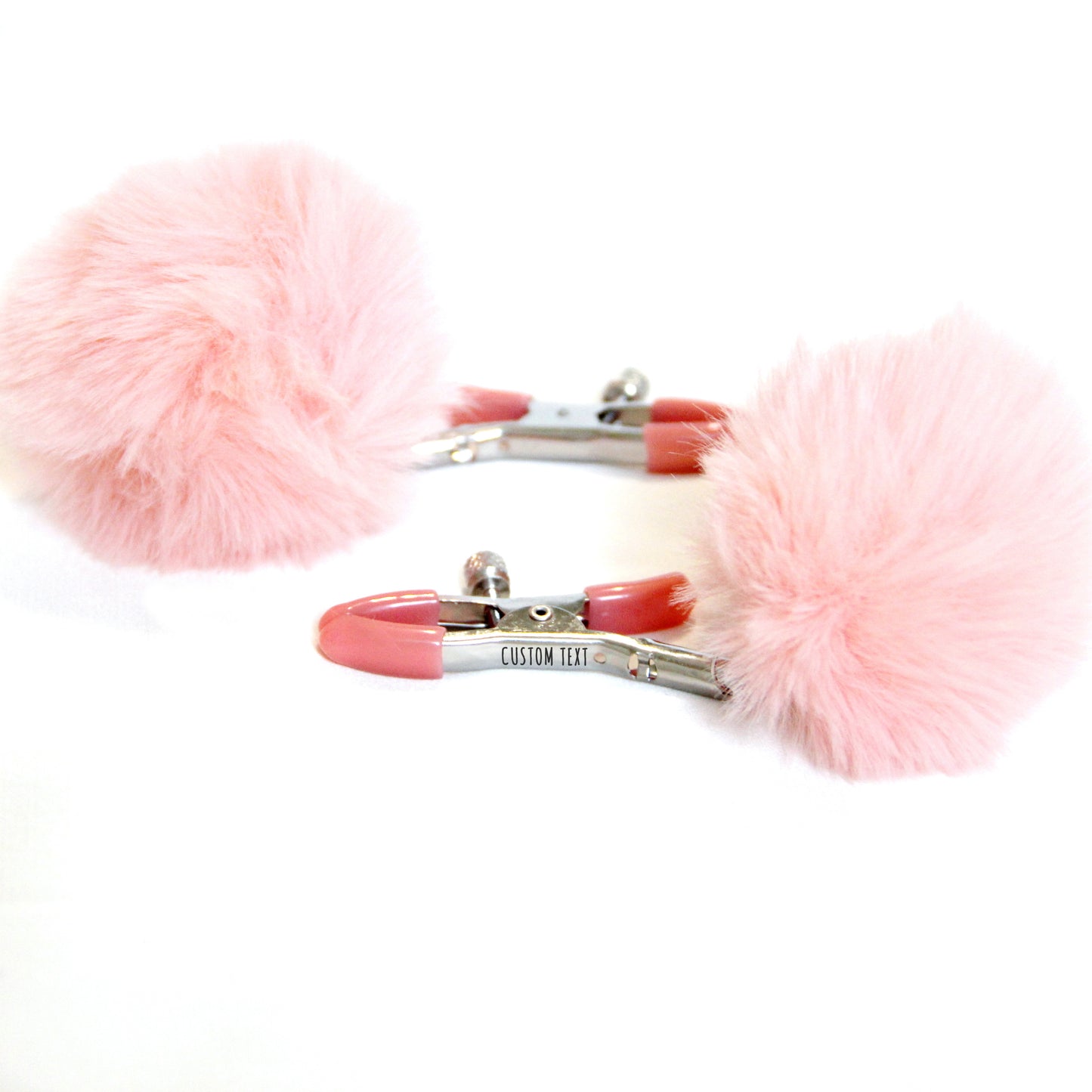 Pink nipple clamps – Custom engraved bdsm jewelry, erotic toy playful fluffy nipple, sexy personalized gift. Kinky women adjustable clamps