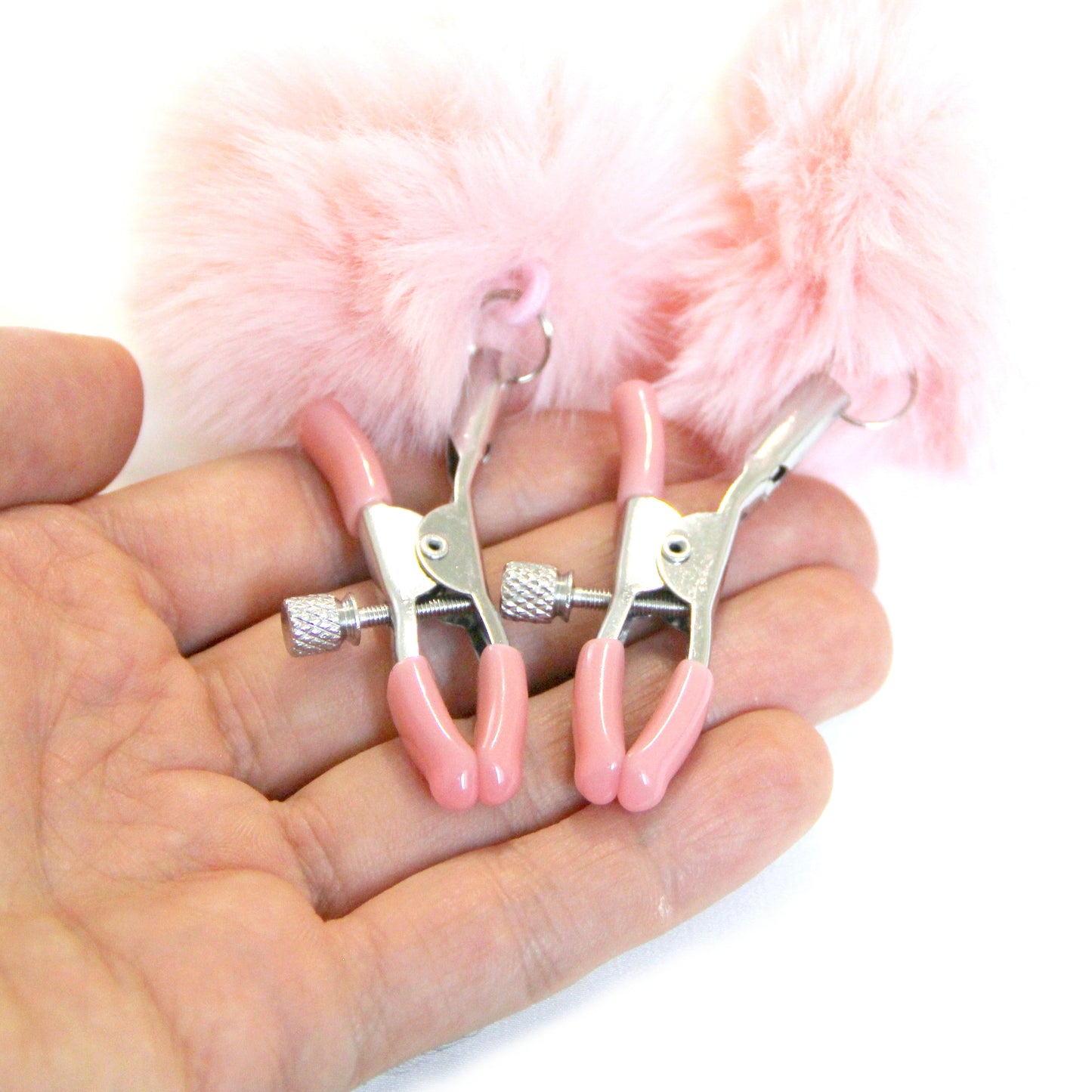 Pink nipple clamps – Custom engraved bdsm jewelry, erotic toy playful fluffy nipple, sexy personalized gift. Kinky women adjustable clamps