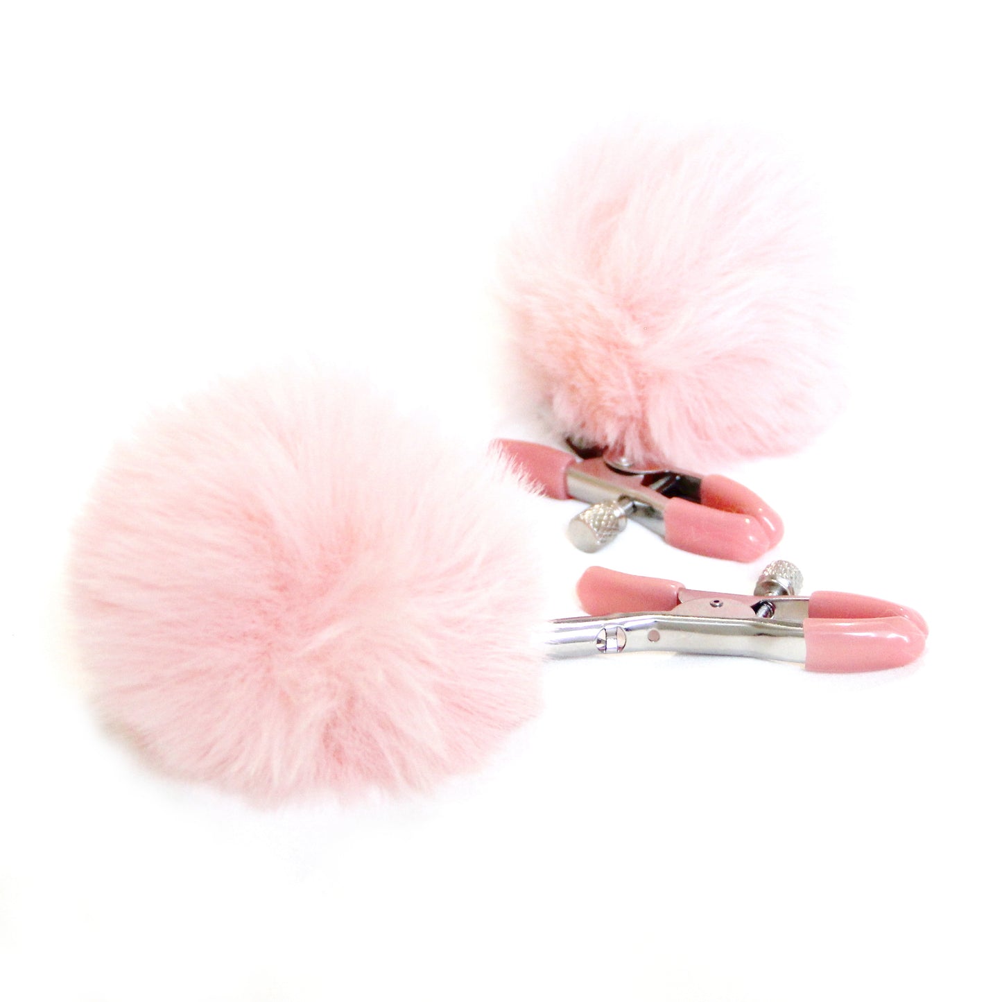 Pink nipple clamps – Custom engraved bdsm jewelry, erotic toy playful fluffy nipple, sexy personalized gift. Kinky women adjustable clamps