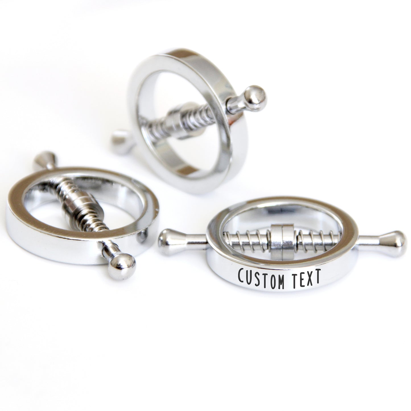 Nipple clamps custom adult toys. Gift for her fetish gear jewelry. Round metal mature BDSM clamps. Engraved personalized nipple rings