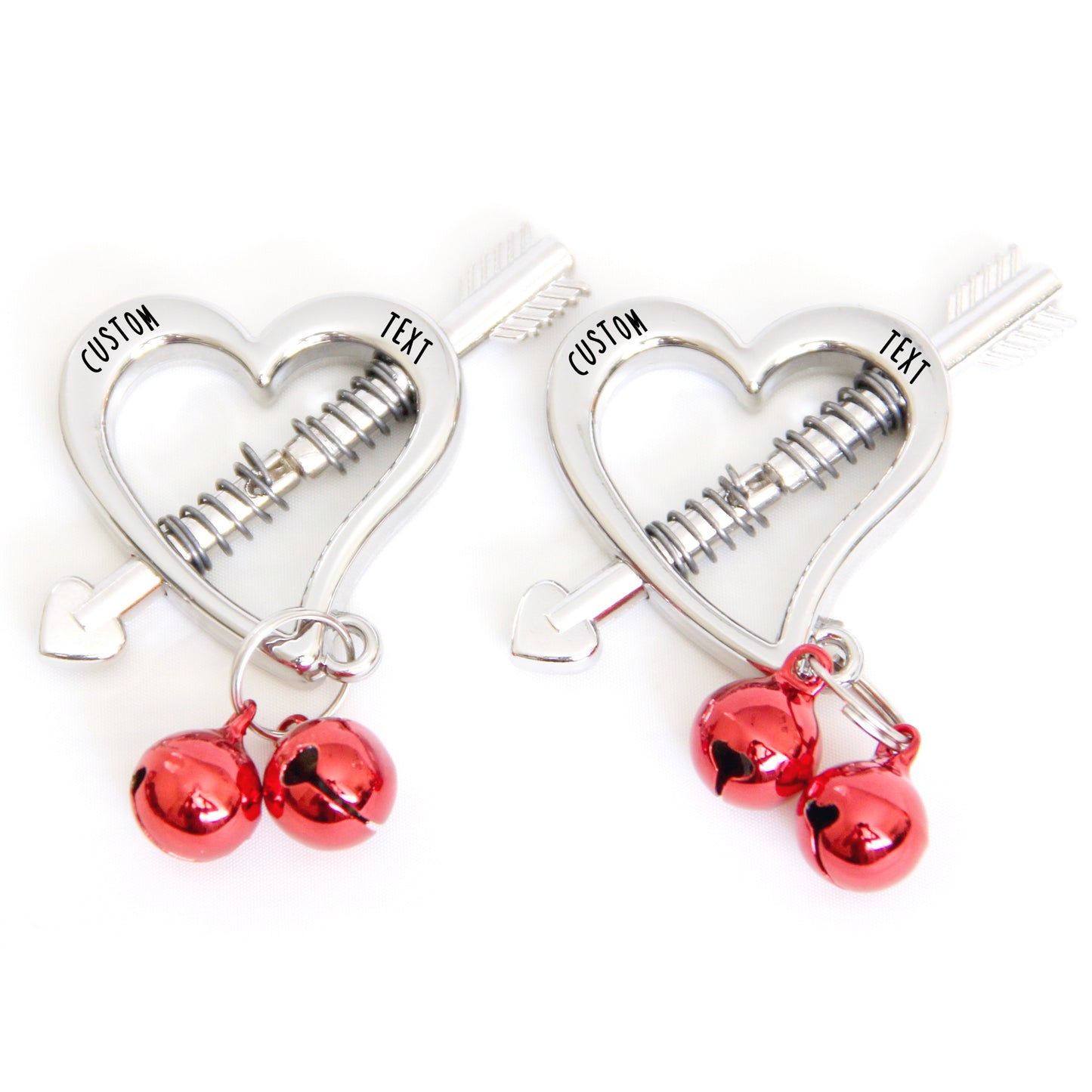 Nipple clamps custom engraved. Nipple jewelry Bdsm breast clips. Sex bells slave gift personalized adult. Metal heart women toys clamps