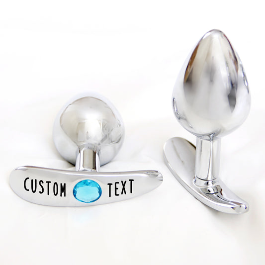 Custom Stainless Steel Butt Plug with Blue Jewel – Engraved T-Base Anal Toy, Personalized Gift for Her or Him, BDSM & Princess Play