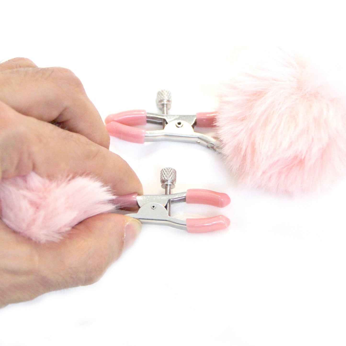 Pink nipple clamps – Custom engraved bdsm jewelry, erotic toy playful fluffy nipple, sexy personalized gift. Kinky women adjustable clamps